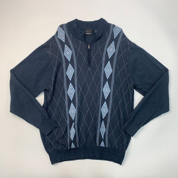 Greg Norman Sweater Mens XL Extra Large Storm Blue Argyle Wool Blend Quarter Zip - Picture 2 of 10